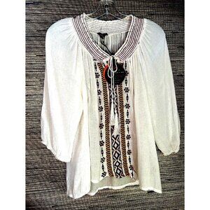 64 Sixty Five Embroidered White Wrinkled Boho Blouse Top  3/4 Slvs. Size S - NWT